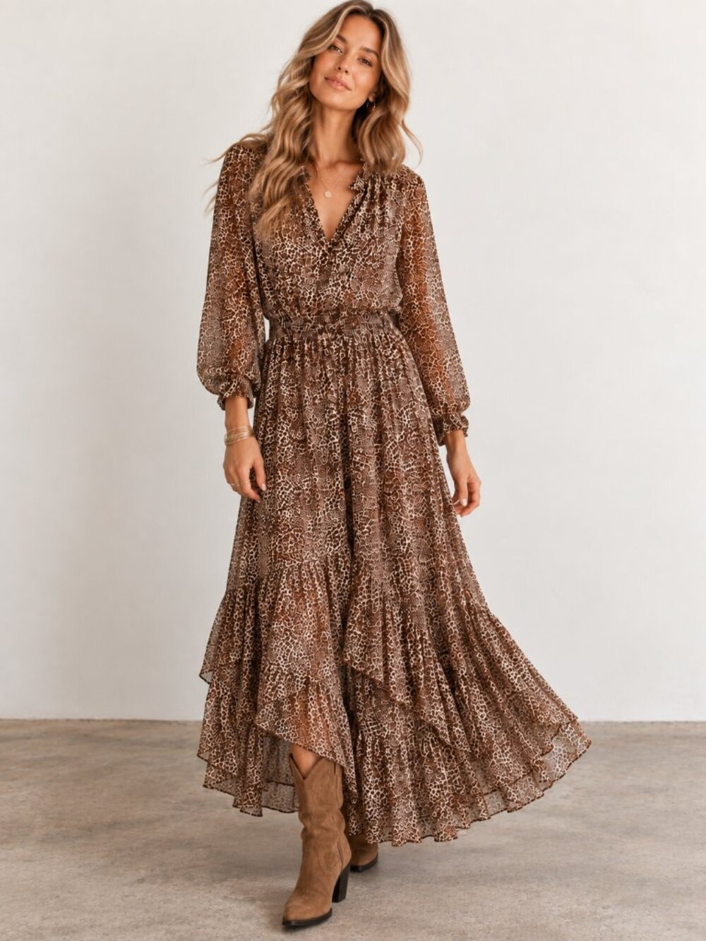 1.STATE Leopard Print High-Low Midi Dress Brown Chiffon Size S NWOT